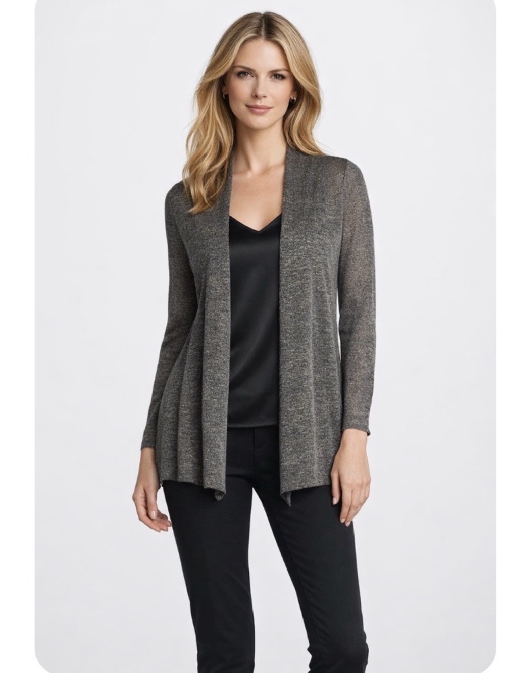Eileen Fisher Fine Linen Sparkle Gold Knit Open Cardigan Size Large